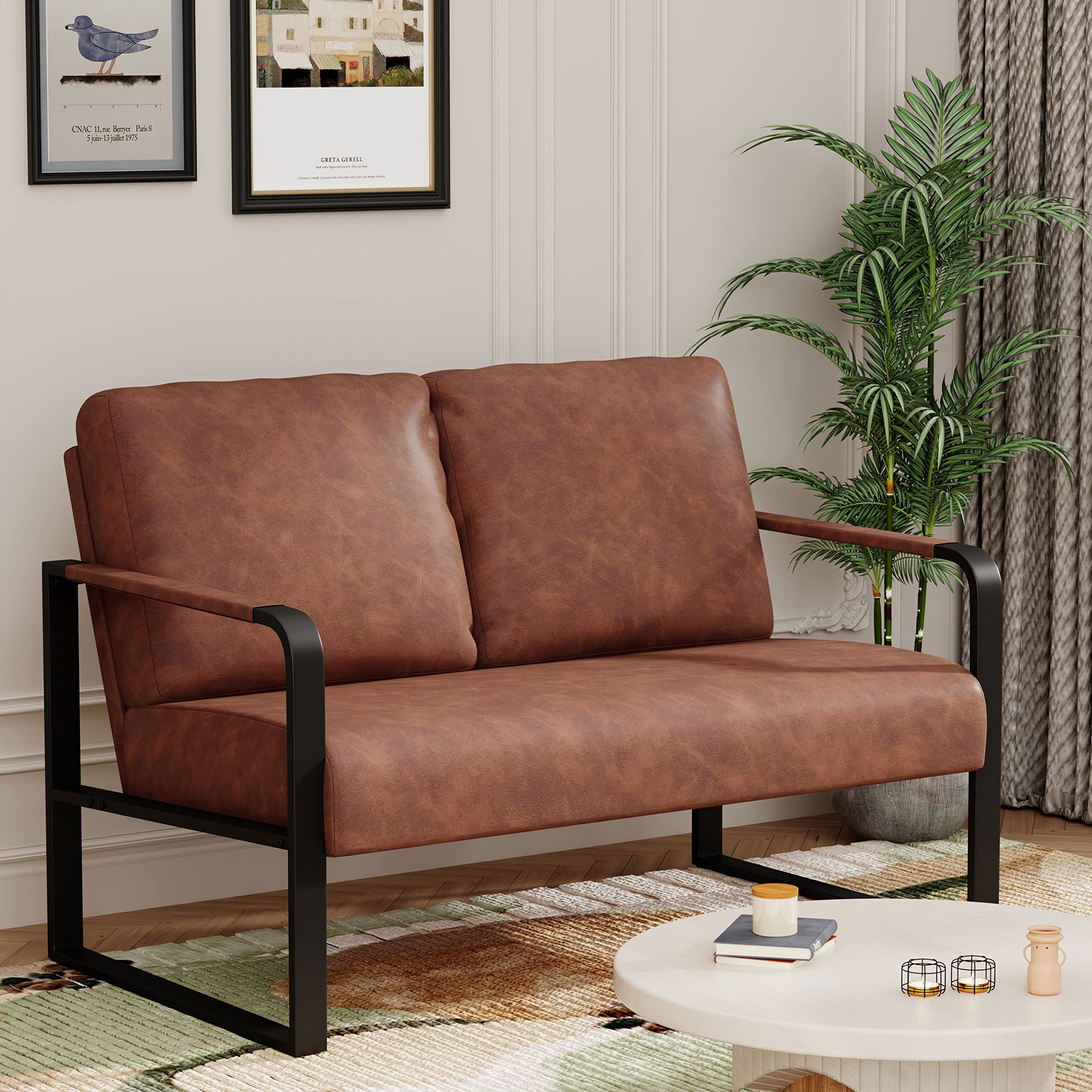 POINTANT Love Seat Mini Couch Small Settee Loveseat Bench for Living Room, Faux Leather Loveseat Sofa Small Sofa Couches for Small Spaces with Padded Cushion, Mid Century Modern Dark Brown Love Seats