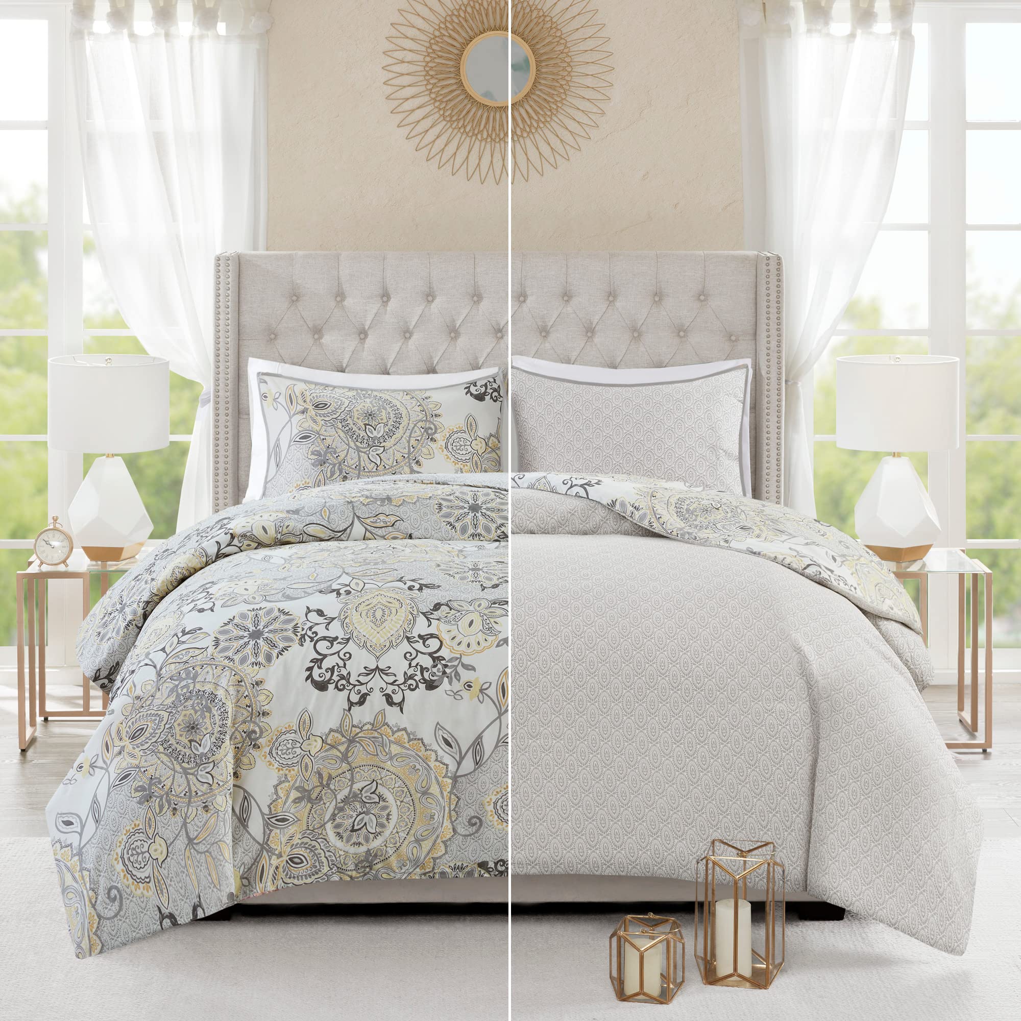 Madison Park Isla Reversible Cotton Duvet Set - Casual Medallion Floral to Damask Print Reverse, All Season Comforter Cover Bedding Set with Matching Shams, Yellow Full/Queen(90"x90") 3 Piece