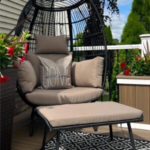 YITAHOME Wicker Egg Chair with Ottoman Outdoor Indoor Oversized Lounger with Stand, Cushions, Egg Basket Chair for Patio Backyard Porch - Brown & Black