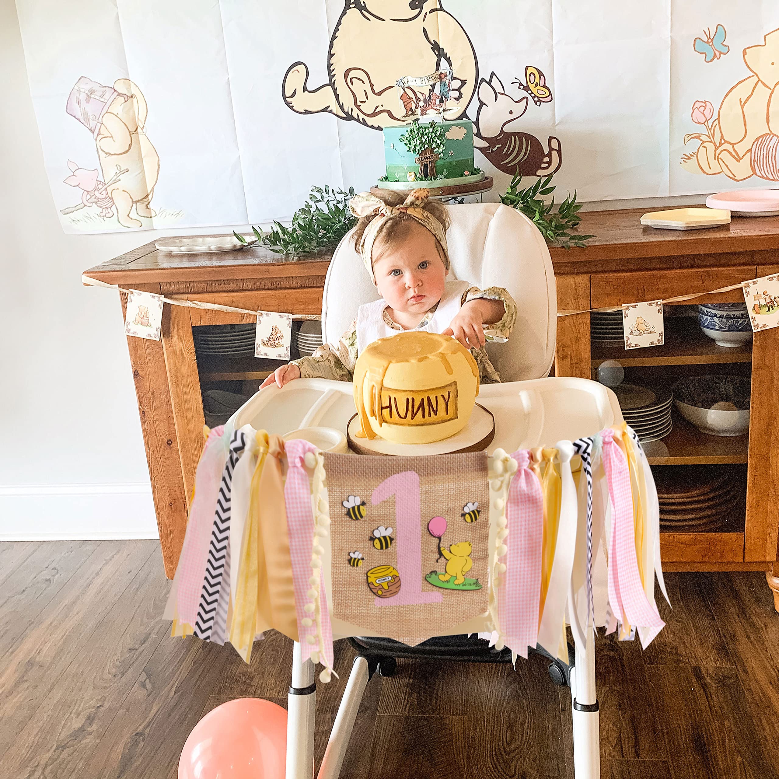 Pink Bear High Chair Banner For 1st Birthday - Sweet Bee Theme Baby Shower, Birthday Girl High Chair Decor, Winnie The Pooh High Chair Banner, First Bee Birthday Party Decorations, Winnie One High Chair Banner, Little Bear Banner For Girls Photo Props, Pi