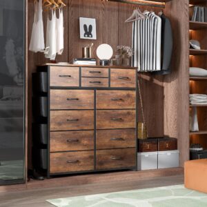 Lulive Dresser for Bedroom with 12 Drawers, Tall Dresser Chest of Drawers with Side Pockets and Hooks, Fabric Dresser Storage Tower for Closet, Hallway, Living Room (Rustic Brown)