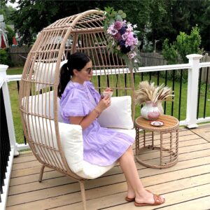 YITAHOME Standing Egg Chair with Coffee Table Oversized Wicker Basket Chair for Outdoor Indoor, Patio Egg Chair with Headrest Cushion - Beige