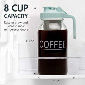 Primula Mason Jar Cold Brew Iced Coffee Maker with Stainless Steel Filter and Easy Pour Lid, Durable Glass Pitcher Fits in Most Fridge Doors, Dishwasher Safe, Made without BPA, 2-Quart, Aqua