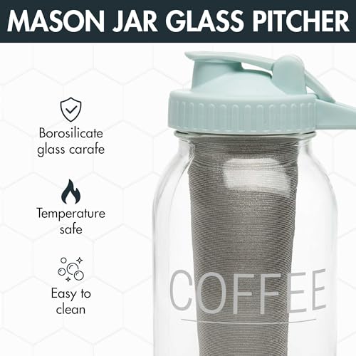 Primula Mason Jar Cold Brew Iced Coffee Maker with Stainless Steel Filter and Easy Pour Lid, Durable Glass Pitcher Fits in Most Fridge Doors, Dishwasher Safe, Made without BPA, 2-Quart, Aqua