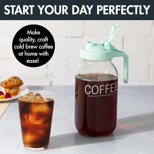 Primula Mason Jar Cold Brew Iced Coffee Maker with Stainless Steel Filter and Easy Pour Lid, Durable Glass Pitcher Fits in Most Fridge Doors, Dishwasher Safe, Made without BPA, 2-Quart, Aqua