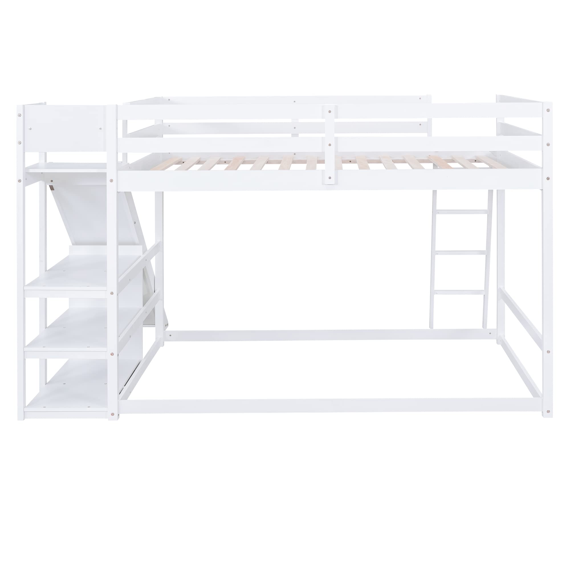 Harper & Bright Designs Full Over Full Bunk Bed with Slide, Bookshelves and Ladders, Solid Wood Floor Bunk Loft Bed Frame for Kids Girls Boys (White)