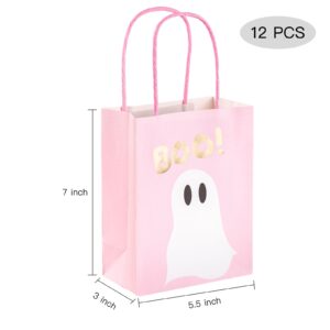 WRAPAHOLIC 12 Pack 7" Small Halloween Kraft Paper Gift Bags - Pink Ghost Boo Design for Hallowen, Holiday, Party Gift Wrap