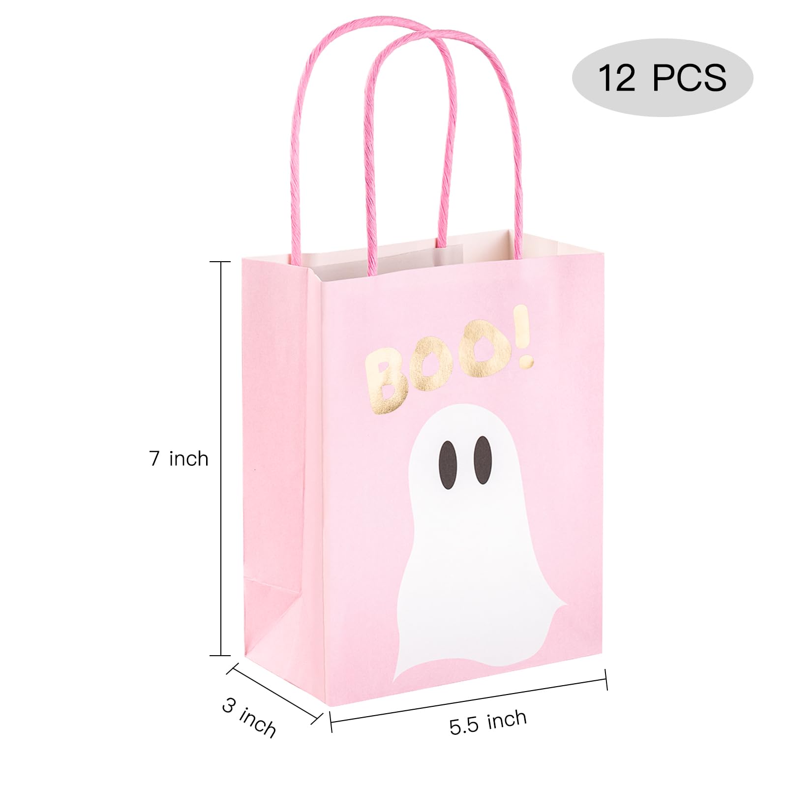 WRAPAHOLIC 12 Pack 7" Small Halloween Kraft Paper Gift Bags - Pink Ghost Boo Design for Hallowen, Holiday, Party Gift Wrap