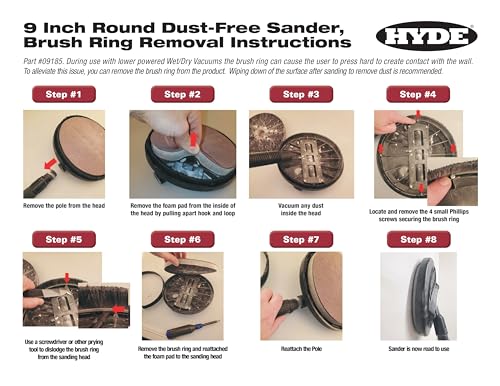 Hyde Dust-Free Sander Kit 9-inch Round with Two-piece Lightweight Extension Pole, Pivoting Head For Walls or Ceilings, Included 6 Foot Hose with Suction Control Valve Joins with Your Wet/Dry Vacuum