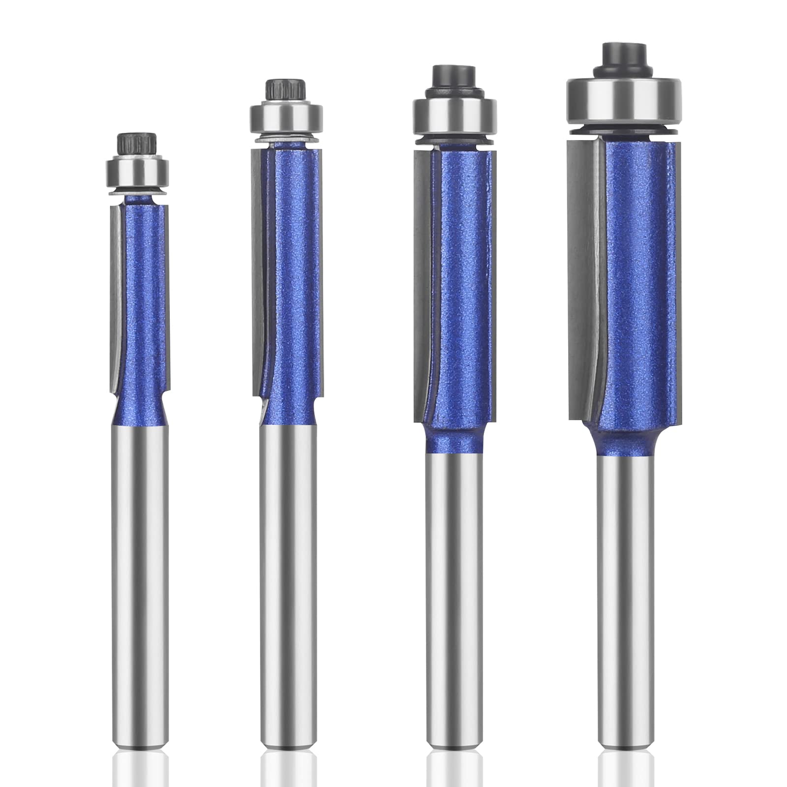 UTRUSTTO Professional Straight Flush Trim Router Bits 1/4 Inch Shank, Top Bearing Flush Trim Router Bit Set, Cutting Height Respectively 13/16", 1-1/16", 1-3/16", 1-7/32".