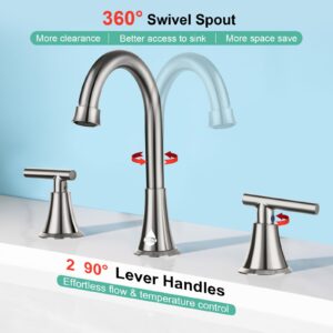 Bathroom Sink Faucet, Faucet for Bathroom Sink, Widespread 3 Hole Stainless Steel Lead-Free, 2 Handle 360° Swivel Spout Faucet with Pop-up Drain & Supply Hoses for Bathroom Vanity Lavatory