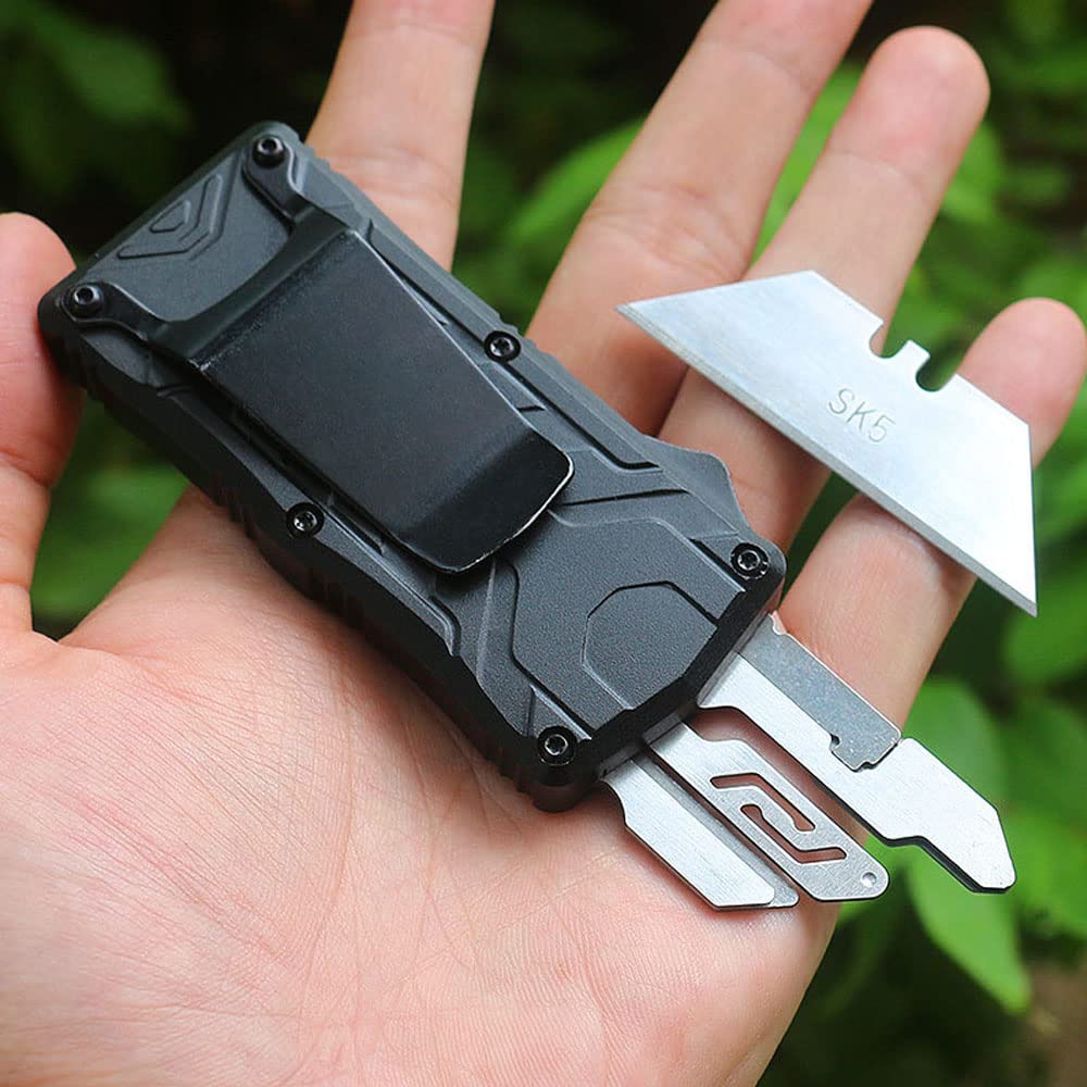 Best Aluminum Alloy Auto Retractable Box Cutter, Replaceable Safety Blade EDC Pocket Knife, Heavy Duty Self Retracting Small Utility Knives With Clip, Black With 5 Extra Blades