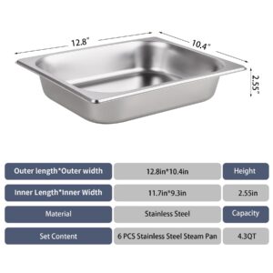 Kevirice 6 Pack 1/2 Size Chafing Pan, 2.6 Inch Deep Half Hotel Pans Made of Stainless Steel for Restaurant Cafeteria Hotel Freezer Bin, Size 12.8in*10.4in*2.6in Hotel Dinner Plates