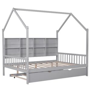 Merax Full Size Wooden House Bed,Solid Wood Full Bed Frames with Trundle and Shelf,Kids House Bed,Gray