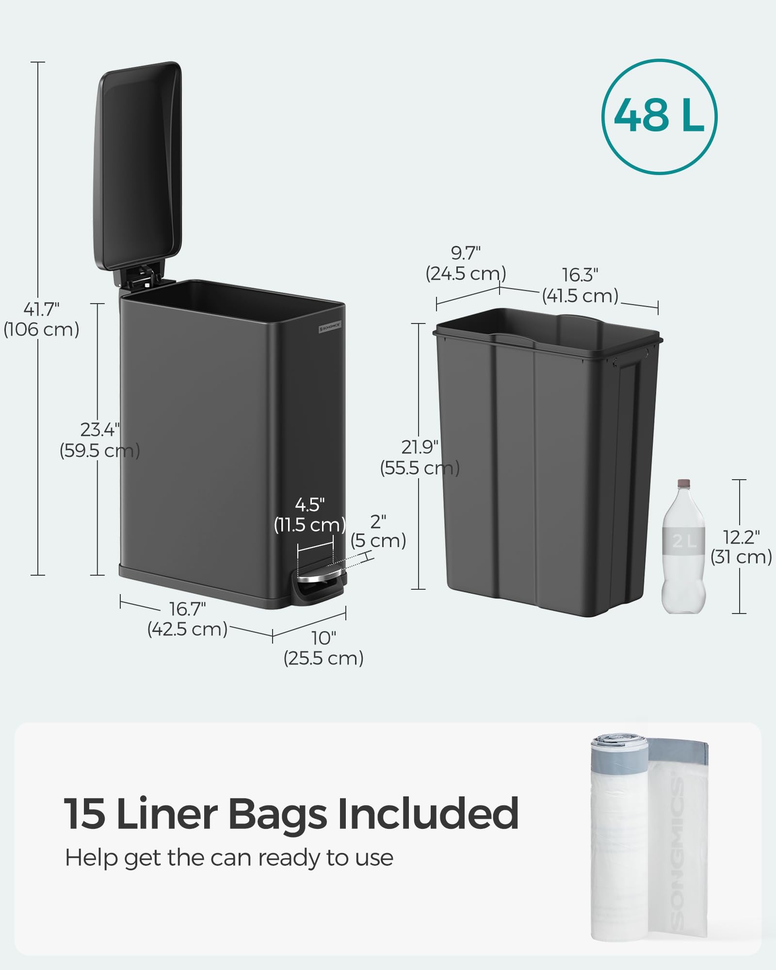 SONGMICS Slim Trash Can, 12.7-Gallon (48 L) Garbage Can for Narrow Spaces with Soft-Close Lid, Inner Bucket, and Step-on Pedal, Stainless Steel, 15 Trash Bags Included, Black ULTB510B48