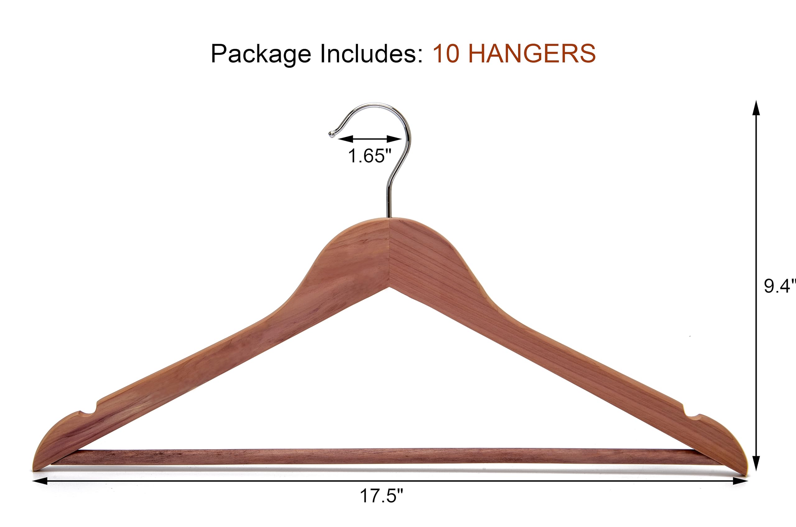 American Red Cedar Wooden Coat Suit Hangers, Wood Skirt Dress Hangers, Smooth Cut Notches- 360°Flexible Hook- Solid Non-Slip Bar 10 Pack-Natural - HL03N