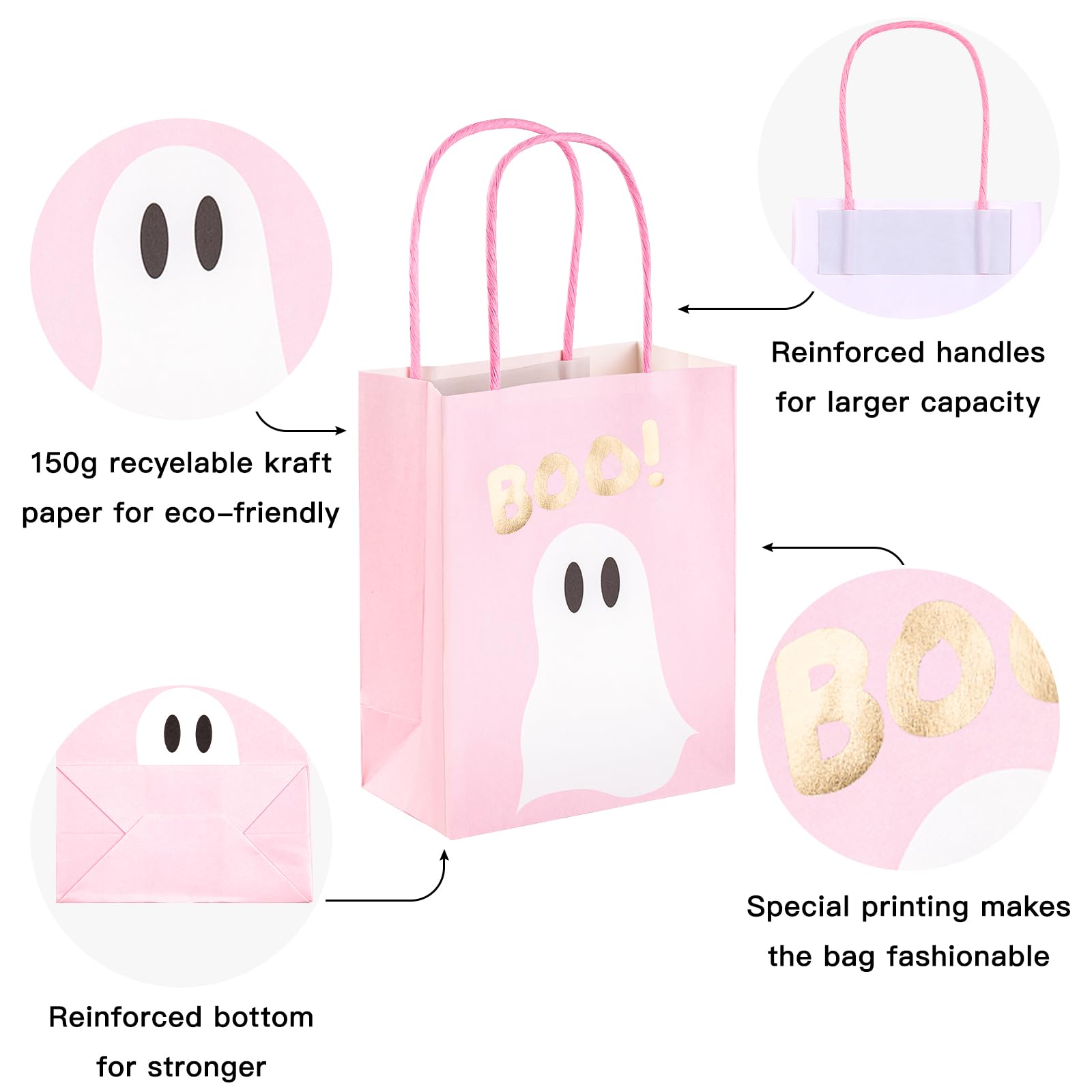 WRAPAHOLIC 12 Pack 7" Small Halloween Kraft Paper Gift Bags - Pink Ghost Boo Design for Hallowen, Holiday, Party Gift Wrap