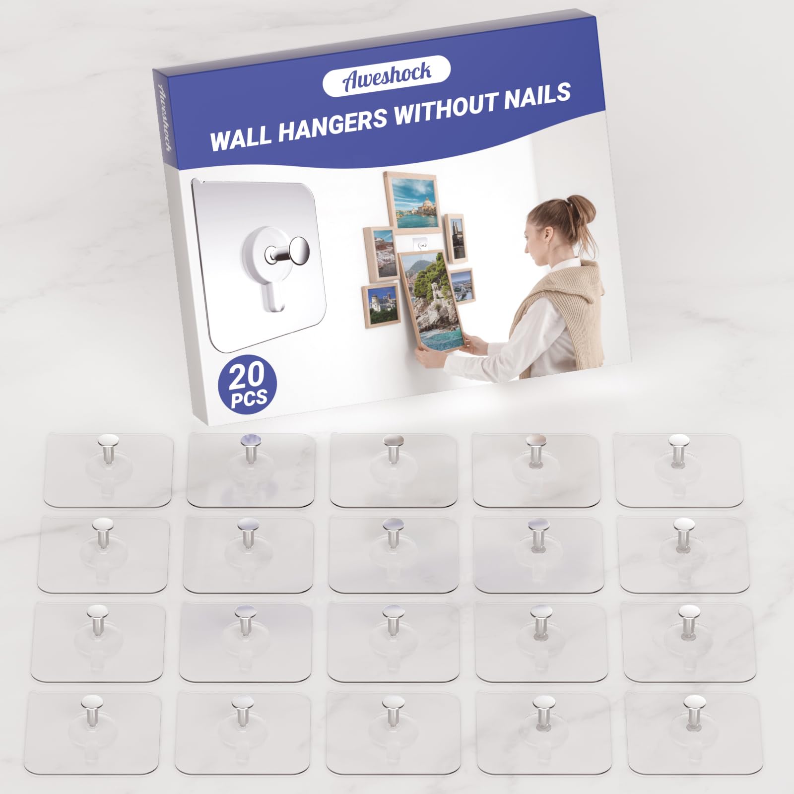 Picture Hangers Without Nails, Nail Free Wall Hangers,20 Counts Adhesive Wall Hooks for Hanging with Waterproof and Oilproof,13 lbs Load Max