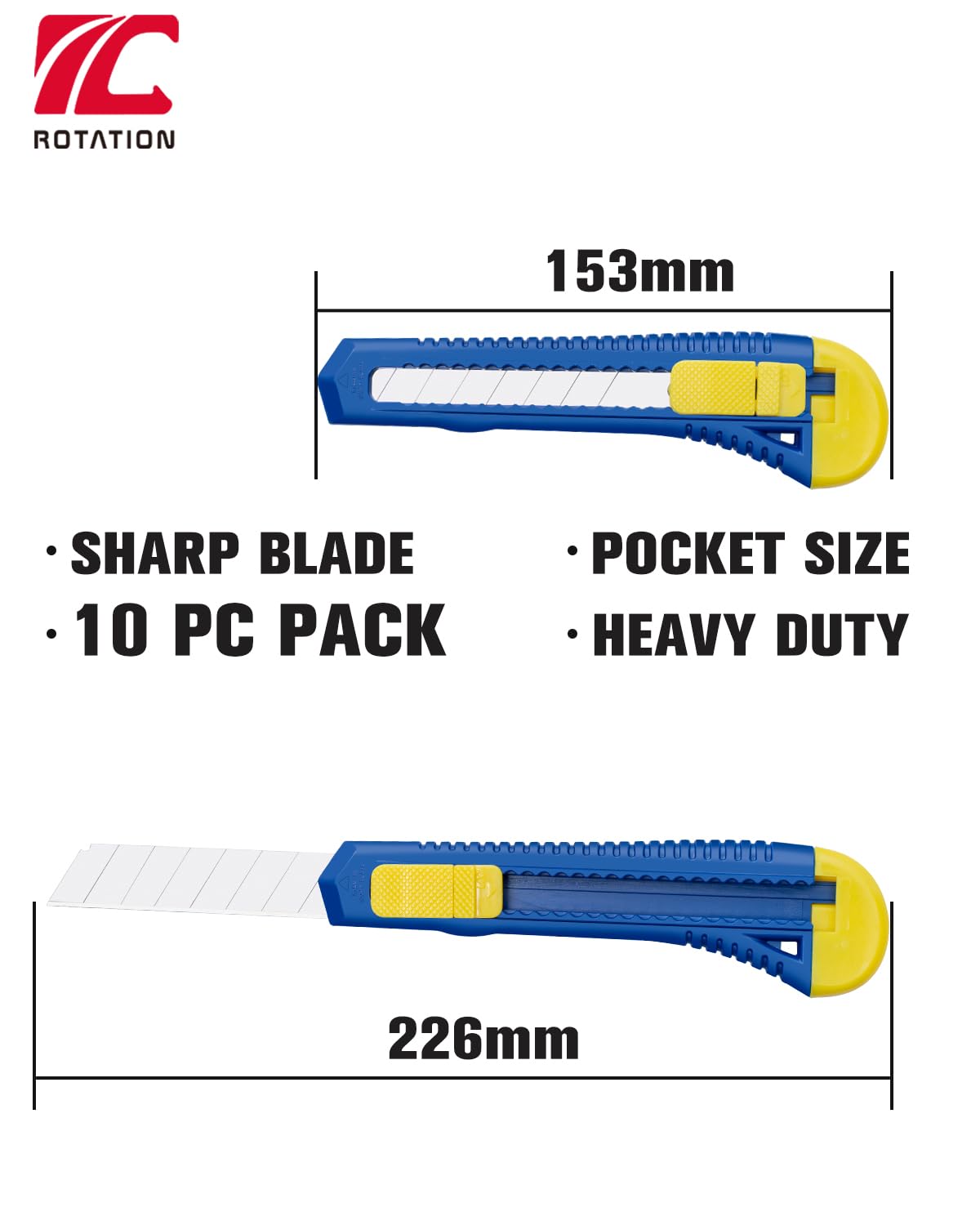 ROTATION Utility Knifes 10-Pack, 18mm Wide Blade Cutter for Boxes, Cartons, Cardboard Cutting, Retractable Box Cutter, Suitable for Office and Home Use