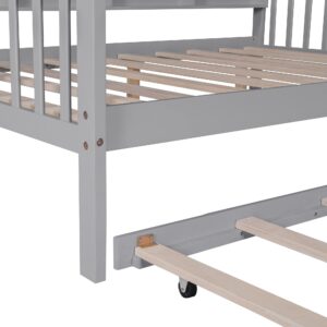 Merax Full Size Wooden House Bed,Solid Wood Full Bed Frames with Trundle and Shelf,Kids House Bed,Gray