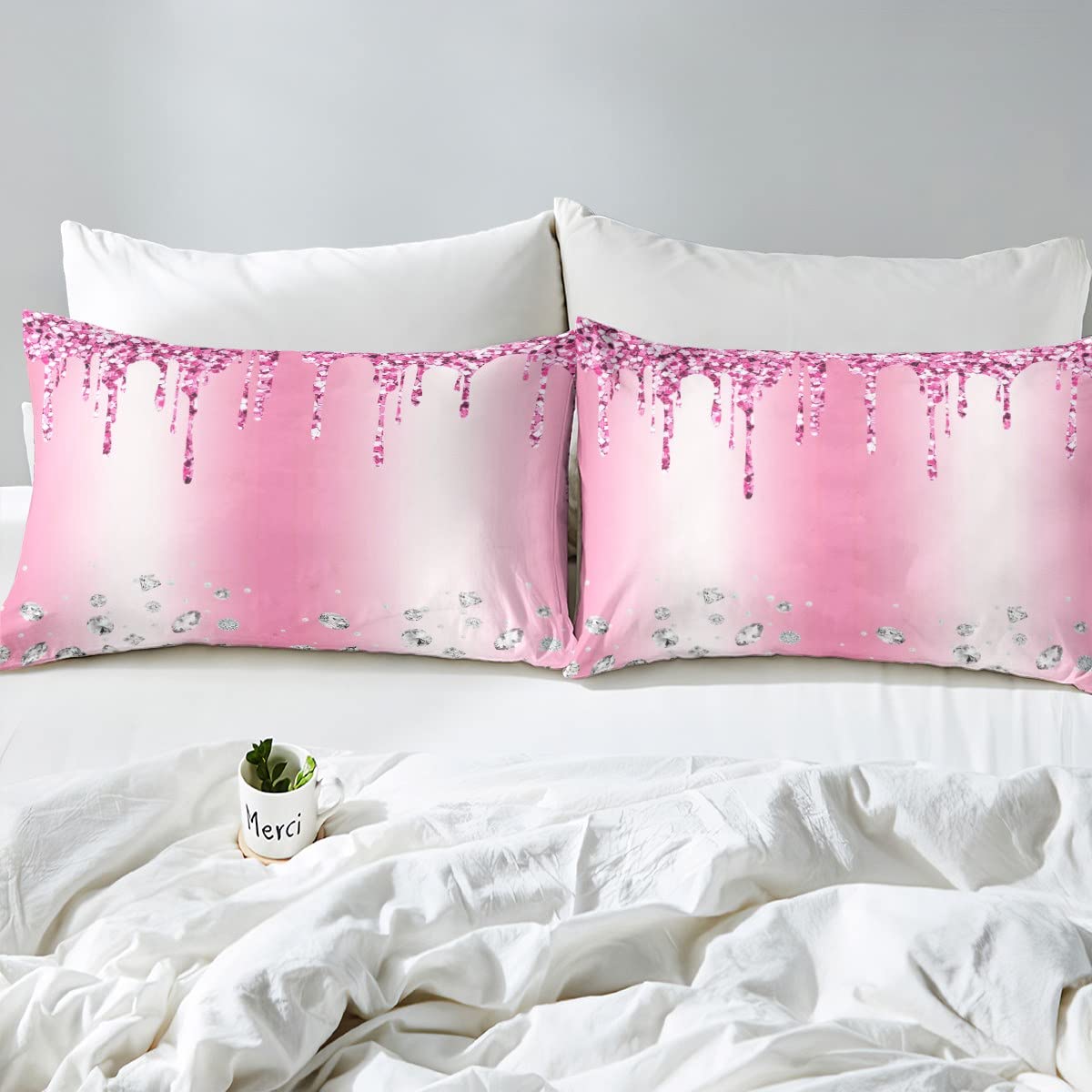 Castle Fairy Girls Geometric Diamond Bedding Set,Pink Glitter Duvet Cover for Teens,Kids Bling Party Comforter Cover Decorative Room,Children Silver Abstract Quilt Cover with 2 Pillowcases,Full Size