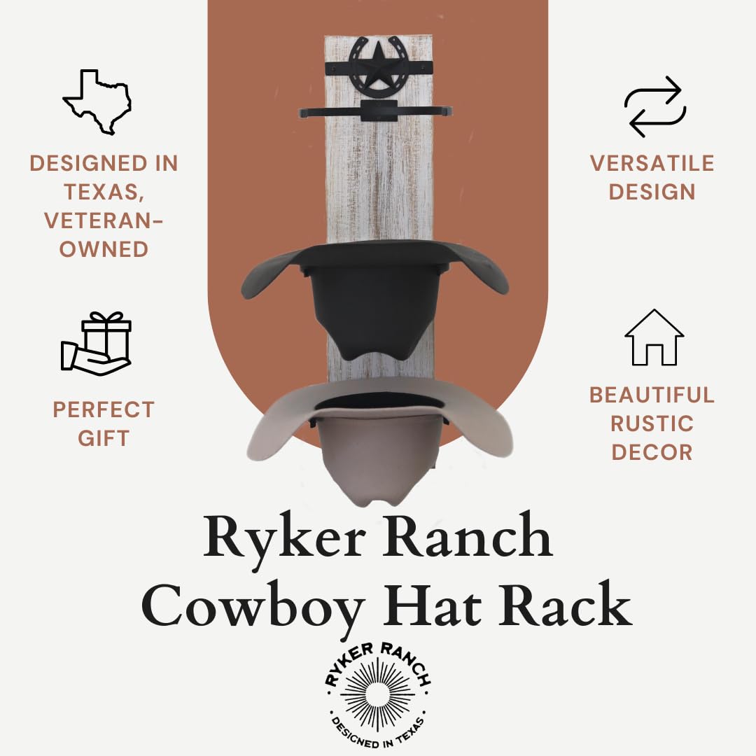 Ryker Ranch Cowboy Hat Rack for Wall | Western Hat Rack for Cowboy Hats | Rustic White Wood and Metal Cowboy Hat Holder for Wall | Cowboy Hat Hanger for Farmhouse Decor