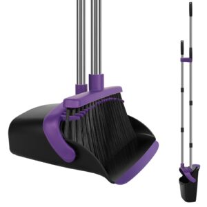 large broom and dustpan set, purple broom with dustpan combo set, 55" long handle broom, self cleaning dustpan, ideal for home and dog cat pets