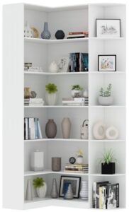 loomie white book shelf, 6 tiers shelf large tall corner etagere bookcase with full baffle, l-shaped modern storage display industrial bookshelves for bedroom, home office, living room & kitchen