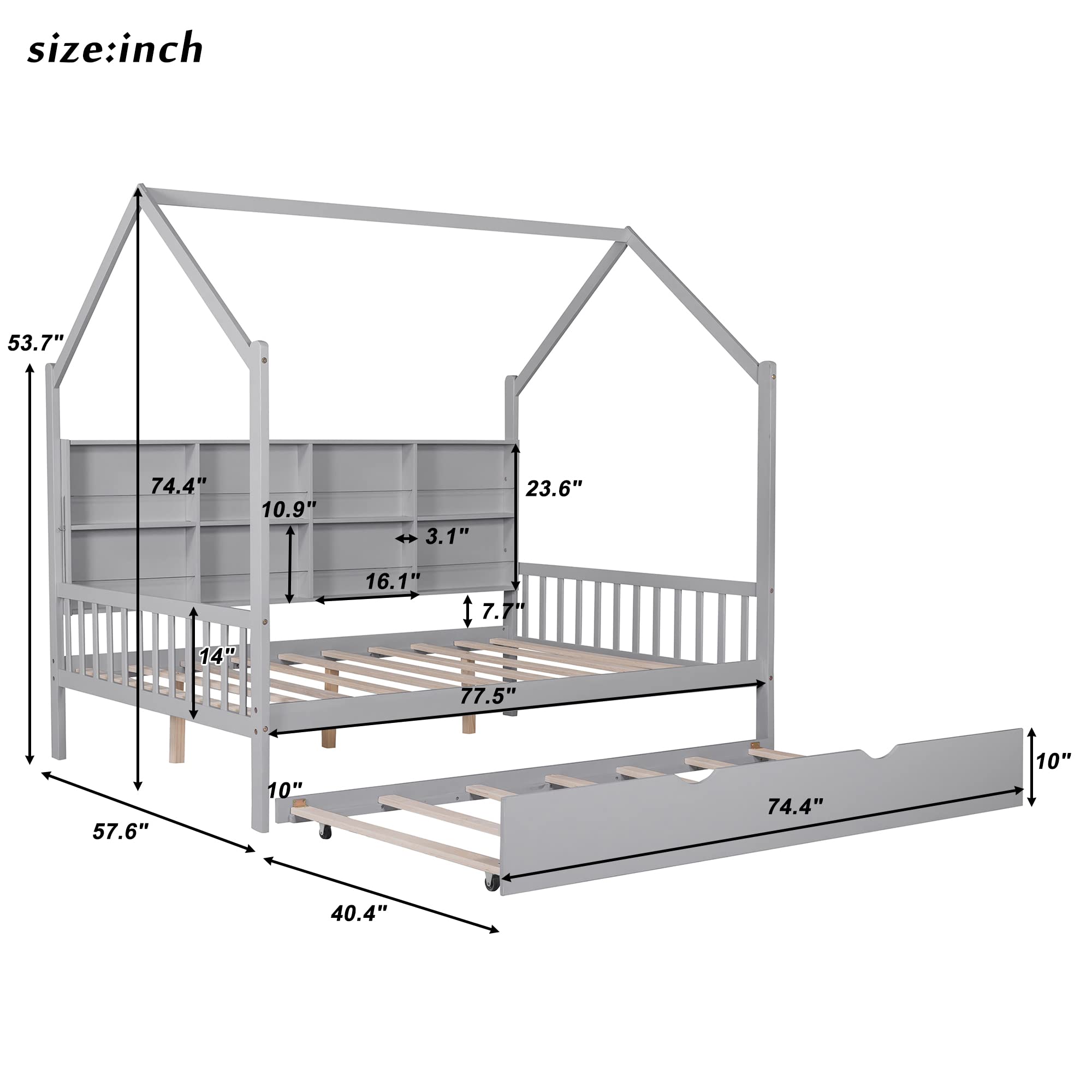 Merax Full Size Wooden House Bed,Solid Wood Full Bed Frames with Trundle and Shelf,Kids House Bed,Gray