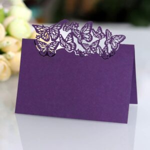 50pcs paper table cards place cards name cards hollow out butterfly table setting folded cards for holiday celebration banquet desk wall furniture invitation wedding decoration (dark purple)