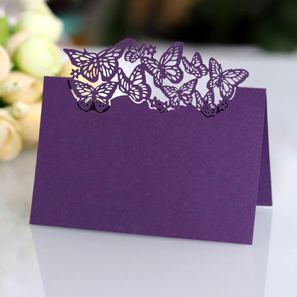 50PCS Paper Table Cards Place Cards Name Cards Hollow Out Butterfly Table Setting Folded Cards for Holiday Celebration Banquet Desk Wall Furniture Invitation Wedding Decoration (Dark Purple)