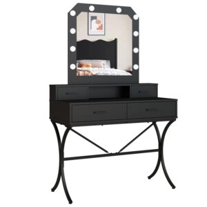 vanity table with lighted mirror, modern makeup vanity table with 10 lights makeup desk 4 drawer storage dressing table for bedroom (black)