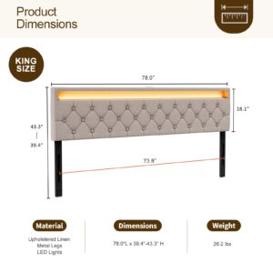 IKIFLY Upholstered King Size Headboard with LED Lights & 2 USB Ports - Adjustable Height - Button Tufted Linen Fabric Padded Headboard, Easy Assembly, King Headboard Only for Bedroom - Light Brown