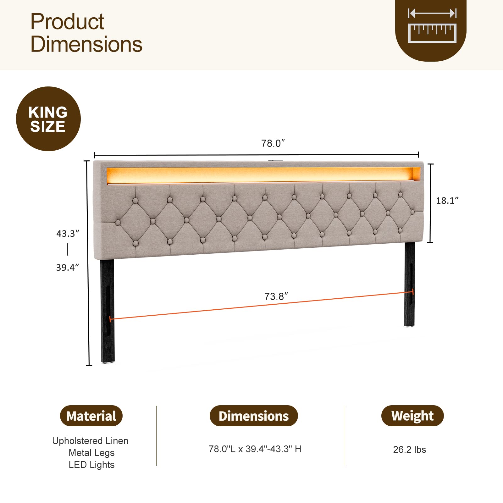 IKIFLY Upholstered King Size Headboard with LED Lights & 2 USB Ports - Adjustable Height - Button Tufted Linen Fabric Padded Headboard, Easy Assembly, King Headboard Only for Bedroom - Light Brown