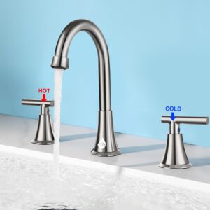 Bathroom Sink Faucet, Faucet for Bathroom Sink, Widespread 3 Hole Stainless Steel Lead-Free, 2 Handle 360° Swivel Spout Faucet with Pop-up Drain & Supply Hoses for Bathroom Vanity Lavatory