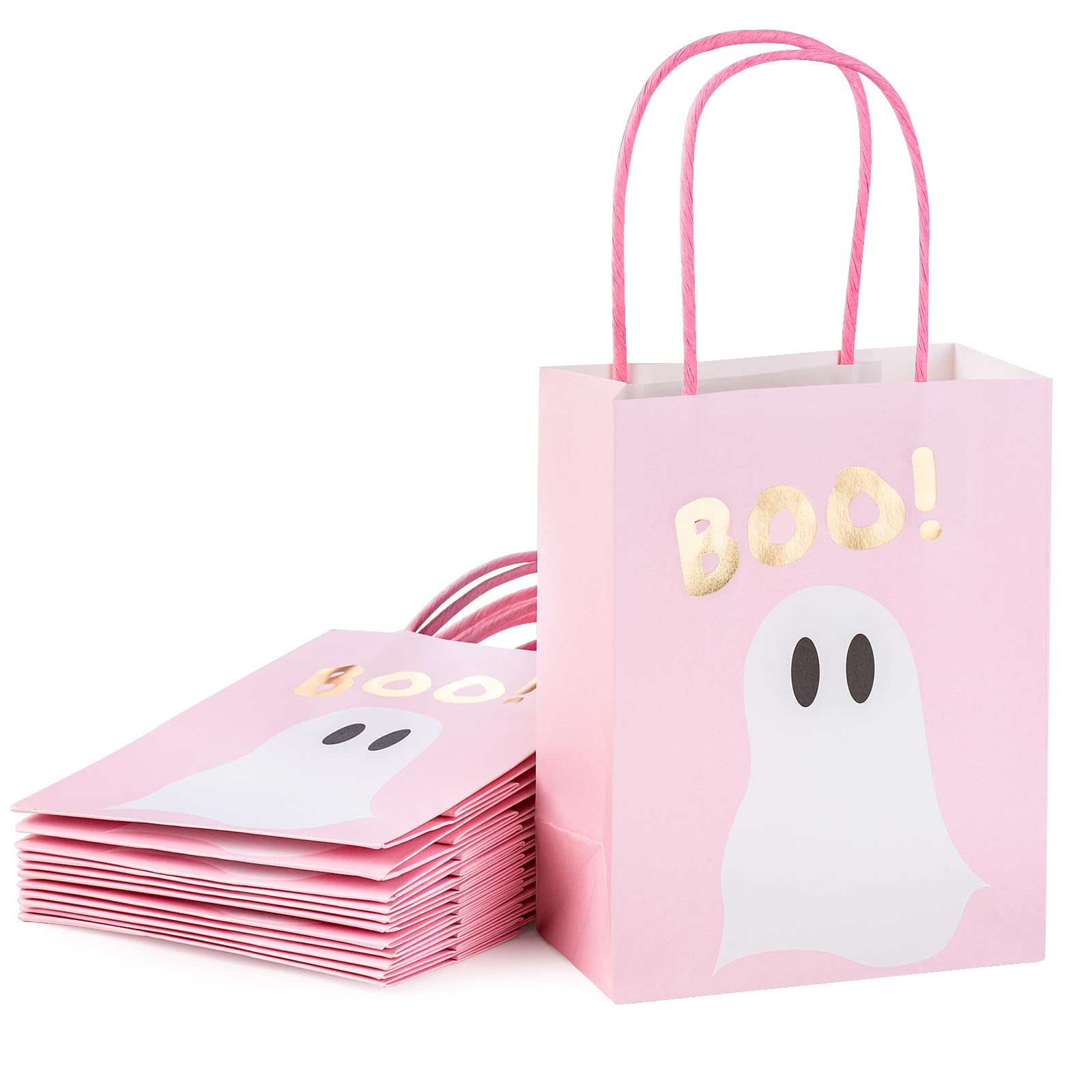 WRAPAHOLIC 12 Pack 7" Small Halloween Kraft Paper Gift Bags - Pink Ghost Boo Design for Hallowen, Holiday, Party Gift Wrap