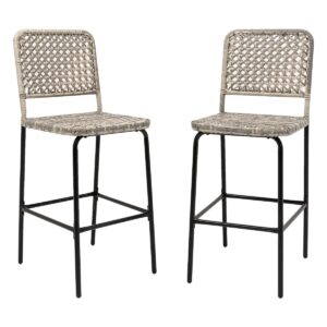 sundale outdoor patio bar stools set of 2, hand woven pe rattan hollow back armless barstools for deck yard porch, all-weather gradient grey wicker outside tall chair set