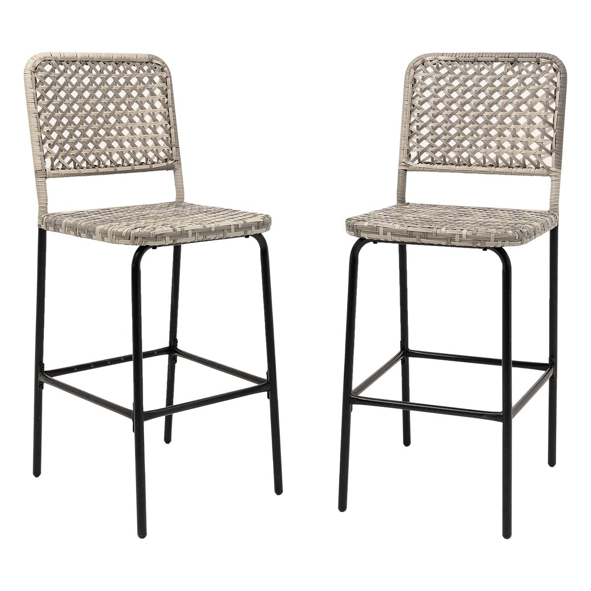 Sundale Outdoor Patio Bar Stools Set of 2, Hand Woven PE Rattan Hollow Back Armless Barstools for Deck Yard Porch, All-Weather Gradient Grey Wicker Outside Tall Chair Set