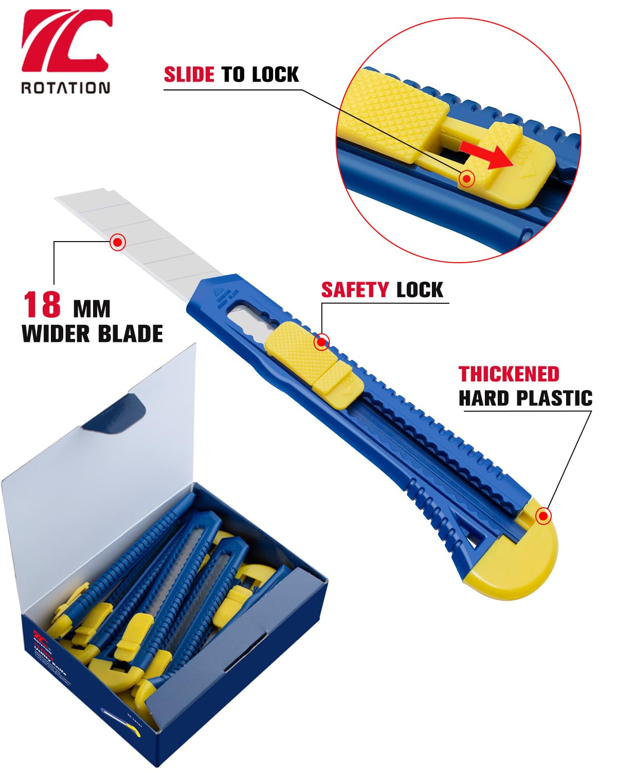 ROTATION Utility Knifes 10-Pack, 18mm Wide Blade Cutter for Boxes, Cartons, Cardboard Cutting, Retractable Box Cutter, Suitable for Office and Home Use