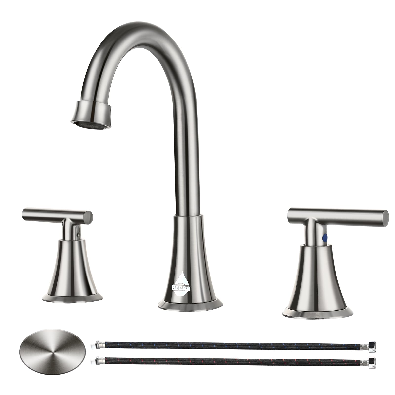 Bathroom Sink Faucet, Faucet for Bathroom Sink, Widespread 3 Hole Stainless Steel Lead-Free, 2 Handle 360° Swivel Spout Faucet with Pop-up Drain & Supply Hoses for Bathroom Vanity Lavatory