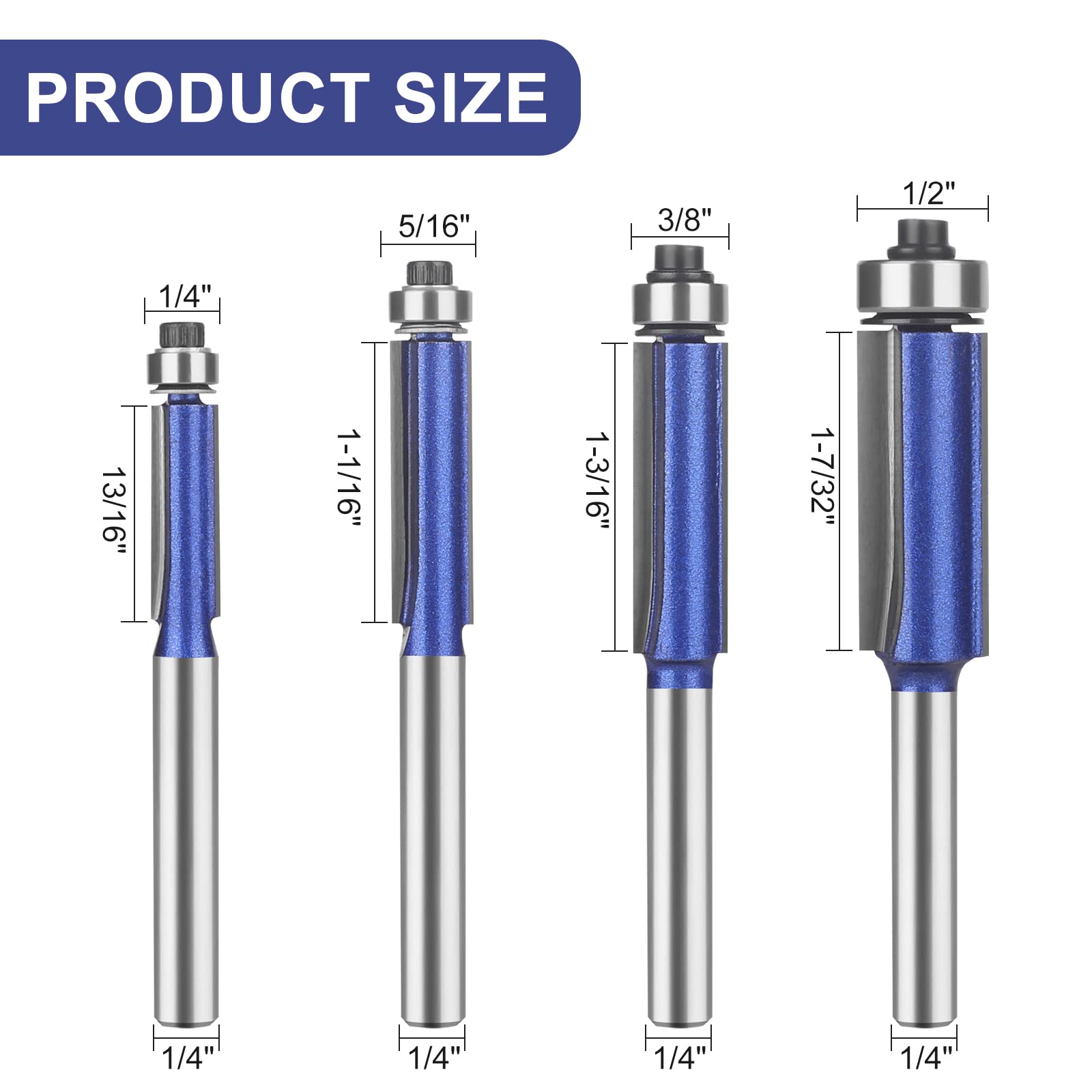 UTRUSTTO Professional Straight Flush Trim Router Bits 1/4 Inch Shank, Top Bearing Flush Trim Router Bit Set, Cutting Height Respectively 13/16", 1-1/16", 1-3/16", 1-7/32".