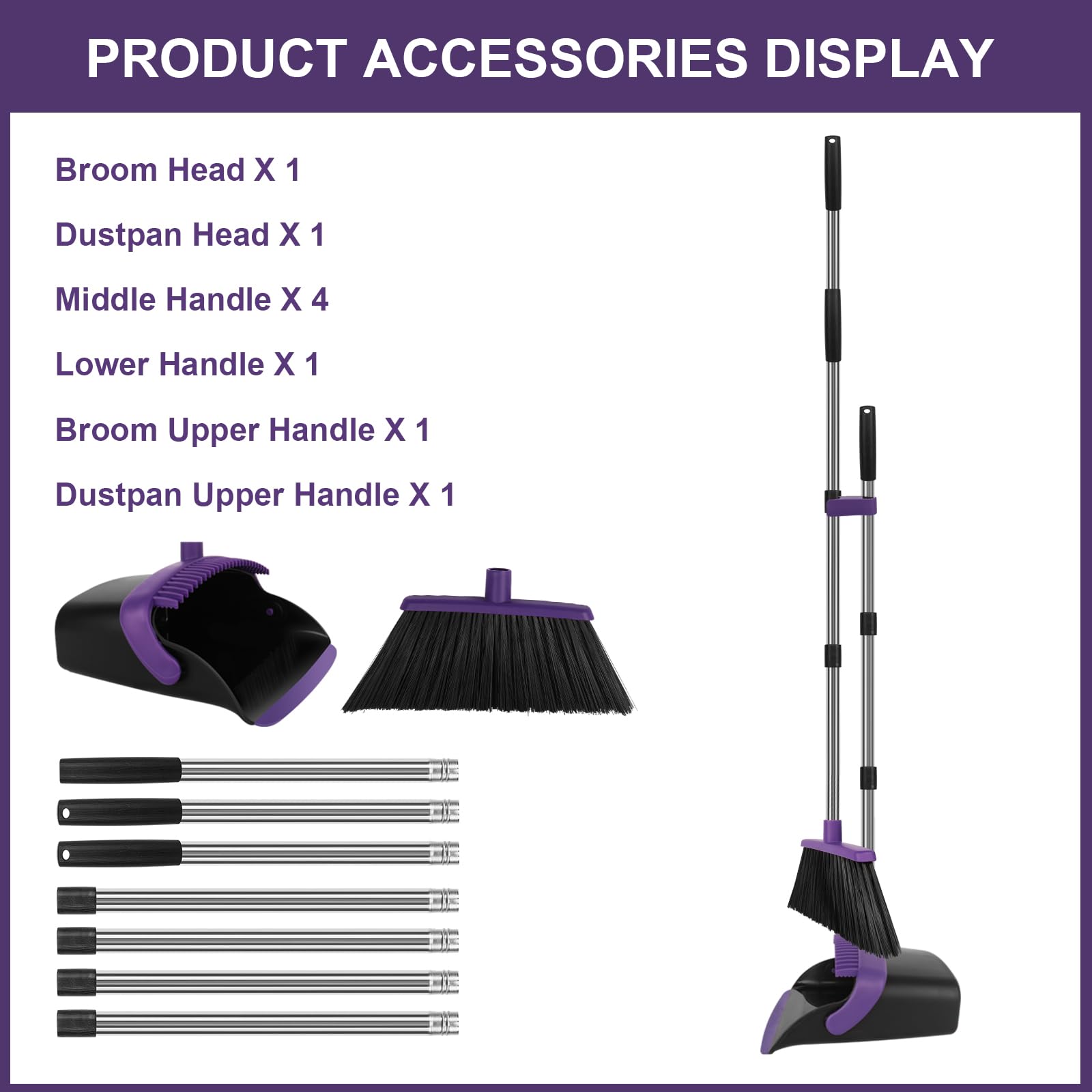 Large Broom and Dustpan Set, Purple Broom with Dustpan Combo Set, 55" Long Handle Broom, Self Cleaning Dustpan, Ideal for Home and Dog Cat Pets