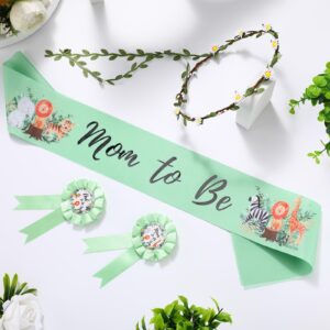 Xinnun 4 Pieces Safari Jungle Mom to Be Sash, Jungle Animals Baby Shower Sash Mom to Be Corsage with Leaf Crown Dad to Be Corsage Set Safari Theme Baby Shower Party Favors for Gender Reveal