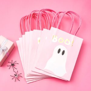 WRAPAHOLIC 12 Pack 7" Small Halloween Kraft Paper Gift Bags - Pink Ghost Boo Design for Hallowen, Holiday, Party Gift Wrap