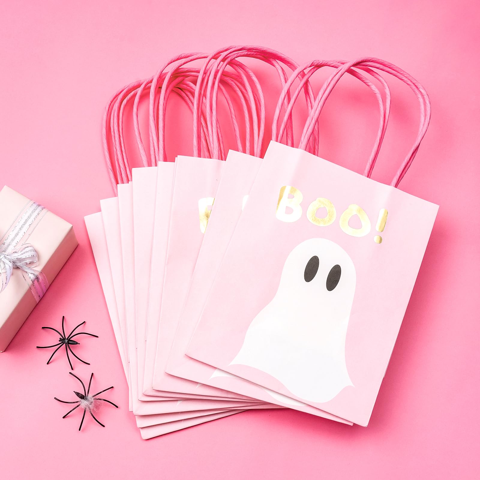 WRAPAHOLIC 12 Pack 7" Small Halloween Kraft Paper Gift Bags - Pink Ghost Boo Design for Hallowen, Holiday, Party Gift Wrap