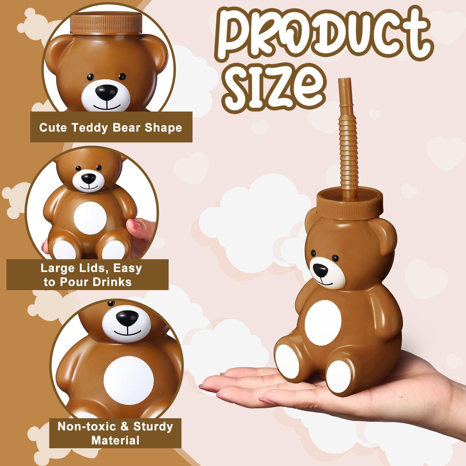 Maxdot 24 Pieces Baby Shower Birthday Party Favor Gift Supplies Bear Cups with Straws,10 oz Plastic Bear Shape Cup Reusable Creative Cups Bulk for Baby Shower Birthday Gift Wedding Party Favors(Brown)