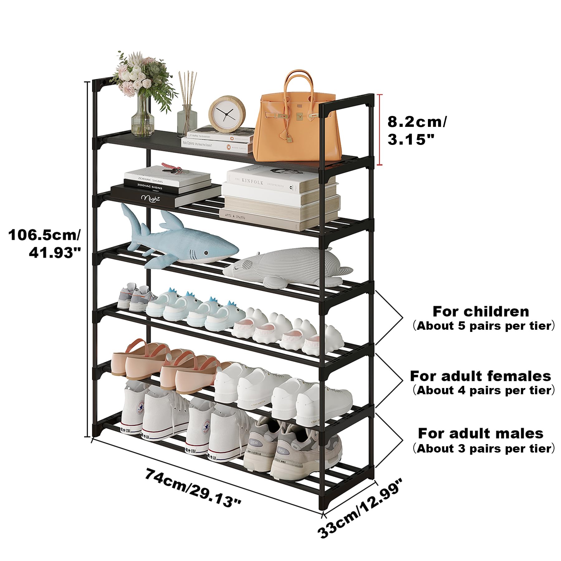 Calmootey 6-Tier Shoe Rack, Tall Large Capacity 30 Pairs Shoes Storage Organizer, Stackable Wide Shoe Shelf for Entryway, Hallway, Black