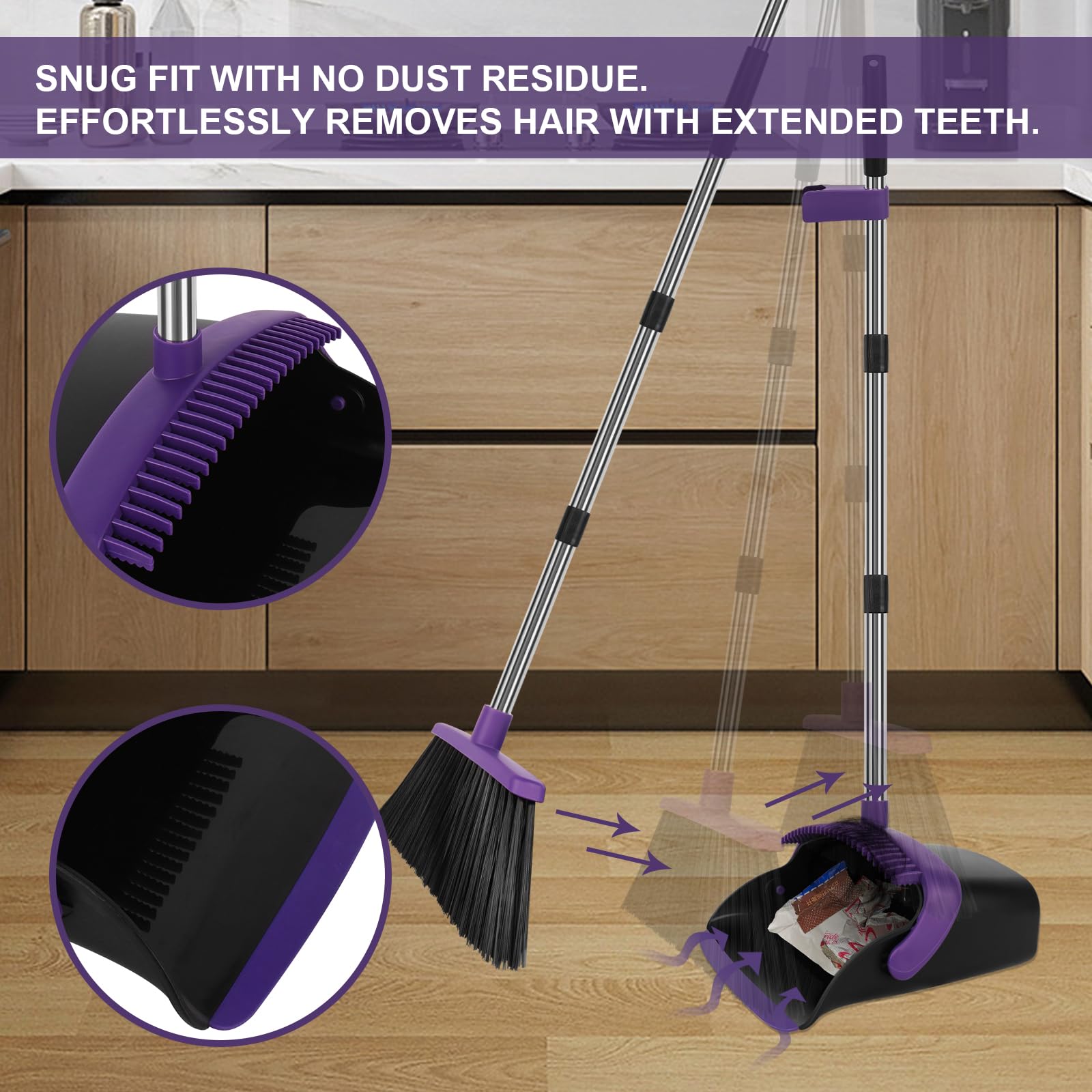 Large Broom and Dustpan Set, Purple Broom with Dustpan Combo Set, 55" Long Handle Broom, Self Cleaning Dustpan, Ideal for Home and Dog Cat Pets