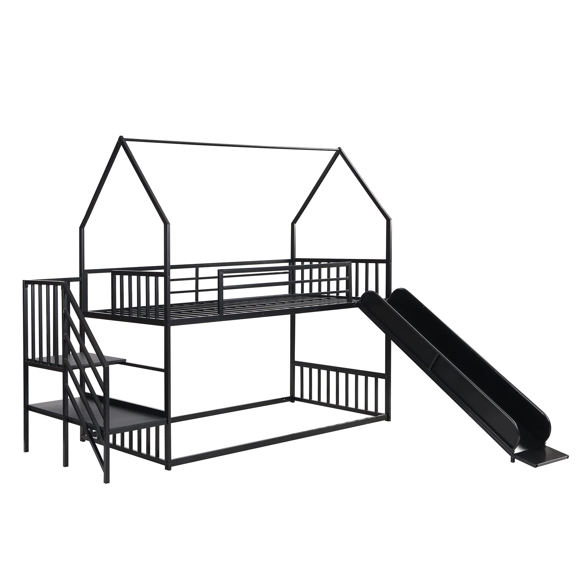 House Bunk Bed Twin Over Twin, Low Bunk Bed with Slide and Storage Stairs, Heavy-Duty Metal Playhouse Bunk Bed Frame for Kids Boys Girls Teens, Black