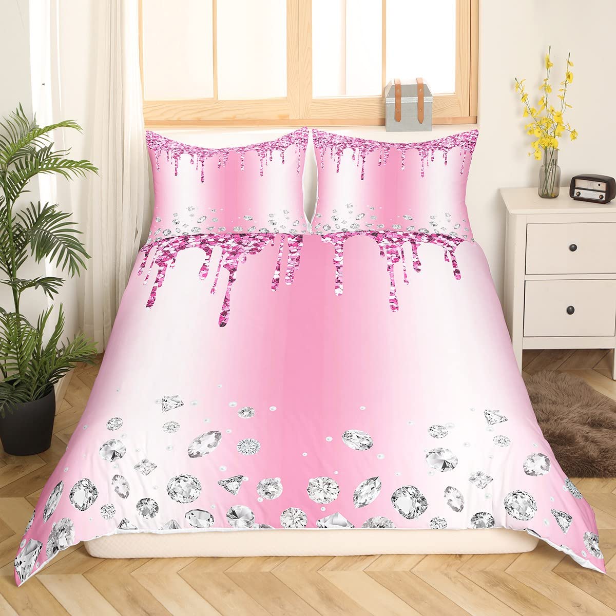 Castle Fairy Girls Geometric Diamond Bedding Set,Pink Glitter Duvet Cover for Teens,Kids Bling Party Comforter Cover Decorative Room,Children Silver Abstract Quilt Cover with 2 Pillowcases,Full Size